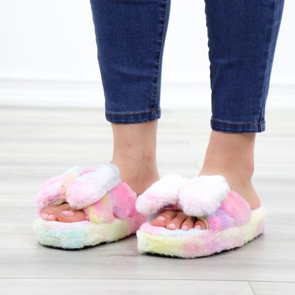 Bow Tie Furry Slip On Tie Dye Slippers - Picture 16 of 16